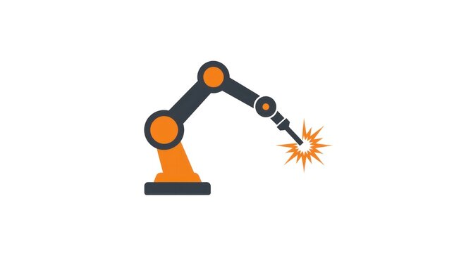 Illustration of an industrial robot arm welding with sparks.
