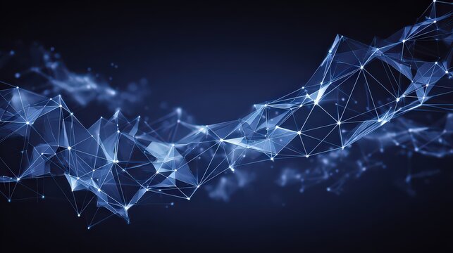 Abstract Digital Network Structure with Blue Light Connecting Dots on Dark Background - Powered by Adobe