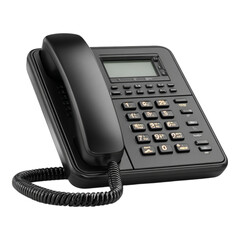 A black, modern office landline phone, angled. Features a keypad, display, and coiled handset cord. Isolated on black