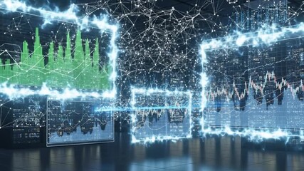 Dynamic financial data streams and glowing stock market analysis in server room - Powered by Adobe