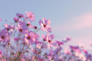Dreamy Pink Cosmos Flowers Blossom Under Soft Sunlight Against Light Blue Sky Field of Delicate Blooms Pastel Color Palette Spring Summer Scenery