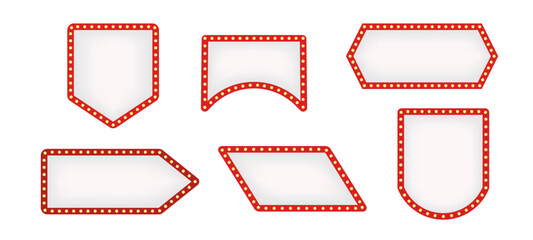 Set of retro white and red illuminated marquee arrows and signs with light bulbs for show business advertisement