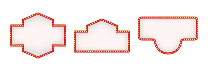 Set of retro white and red illuminated marquee arrows and signs with light bulbs for show business advertisement