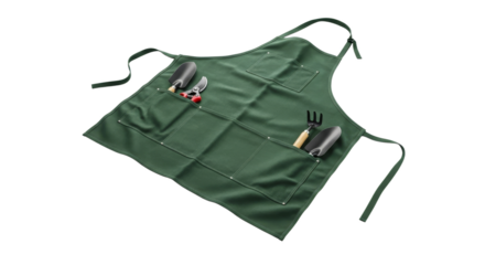 Green Gardener's Apron Displaying Gardening Tools Isolated on a White Background Ready for Springtime Activities
