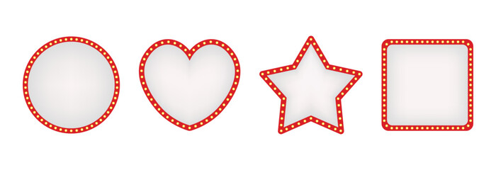 Set of retro white and red illuminated marquee arrows and signs with light bulbs for show business advertisement