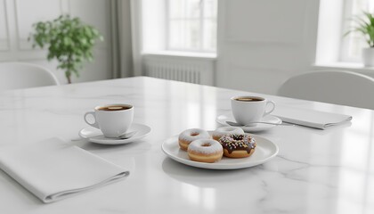 Elegant Dining Scene Espresso, Donuts, and Minimalist Table Setting for a Perfect Morning