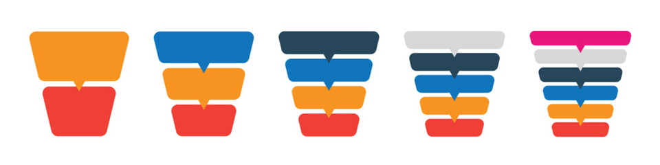 Set of colorful stacked funnel infographic templates for business process, stages, or data filtration visualization. 2, 3, 4, 5, and 6 steps.