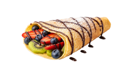 Delicious sweet crepe filled with fresh fruit and drizzled with rich dark chocolate syrup for dessert presentation