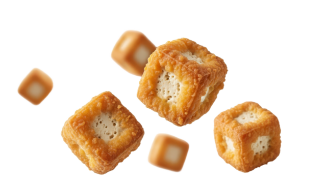 Crispy Cube Treats: An Array of Delectable Sweet Bites Suspended on a White Backdrop