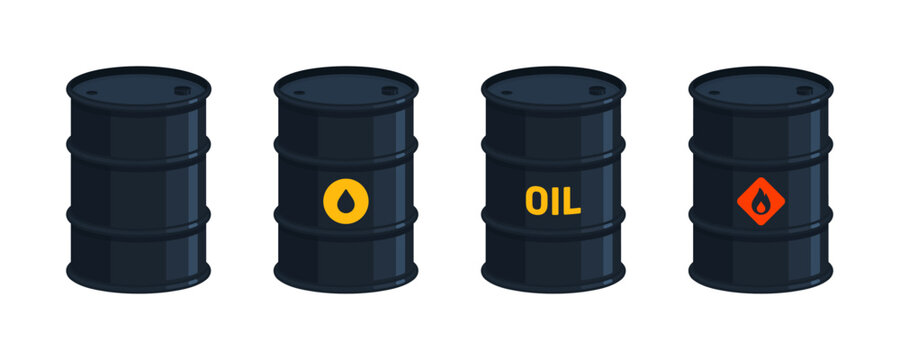 Set of oil barrels with industrial hazard symbols. Crude petroleum fuel, energy storage, and chemical safety concepts. Flat vector illustration isolated on white background