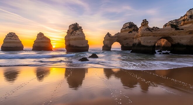 Stunning Sunset Over Praia do Camilo Beach in Lagos, Algarve, Portugal.