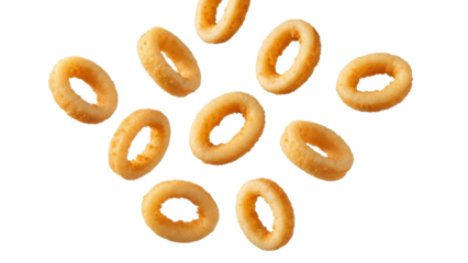 Crispy Delights: A Playful Array of Golden Onion Rings on a Clean Backdrop Displaying Culinary Appeal