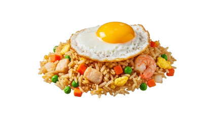 Exquisite presentation of mixed fried rice topped with a fried egg on a clean white backdrop, showcasing vibrant colors and inviting textures