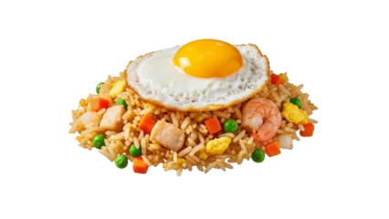 Exquisite presentation of mixed fried rice topped with a fried egg on a clean white backdrop, showcasing vibrant colors and inviting textures