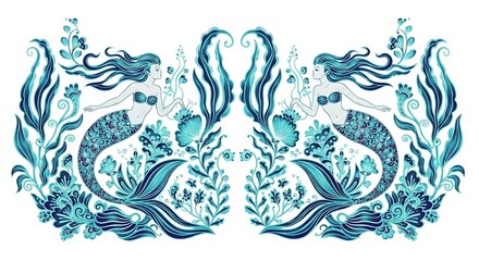 Symmetrical Mermaid Garden: Turquoise Fantasy with Floral Accents on White