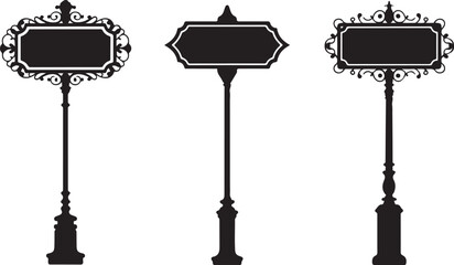 Ornate street name signs with blank space for text on transparent background set