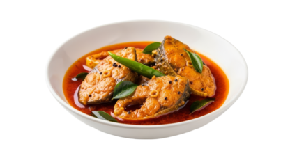 Aromatic fish curry served in white bowl, a culinary delight to tantalize taste buds with rich texture and savory flavors