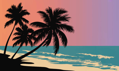 Tropical island summer vacation with palm trees at sunset or sunrise beach scene