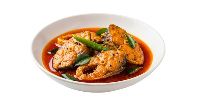 Aromatic fish curry served in white bowl, a culinary delight to tantalize taste buds with rich texture and savory flavors