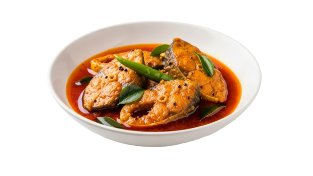 Aromatic fish curry served in white bowl, a culinary delight to tantalize taste buds with rich texture and savory flavors
