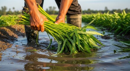 Farmer Harvesting Water Spinach (Kangkung) in Irrigated Field
