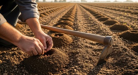 Farmer Planting Seeds in Dry Farmland Rows During Sunrise