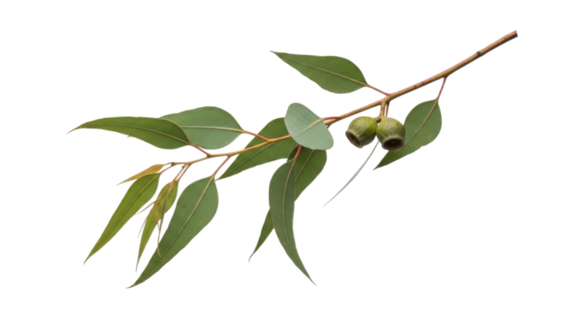 Eucalyptus branch with aromatic leaves and gumnuts conveying a sense of natural simplicity and botanical freshness