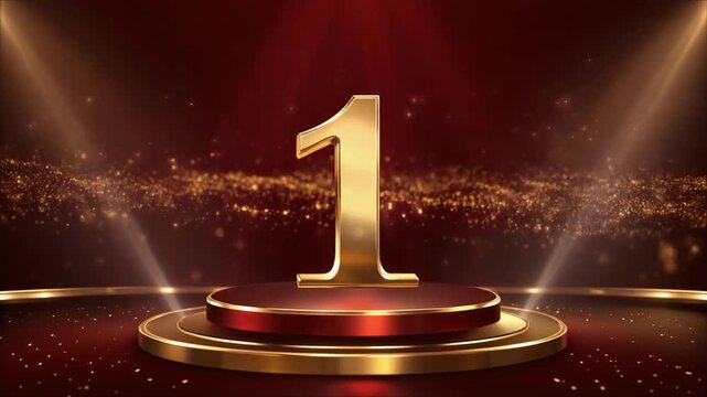 Luxurious Award Show Style Cinematic Video Featuring the Grand Number One in Gold Displayed on a Pedestal Surrounded by Dramatic Red and Gold Glittering Light Beams and Sparkling Particles