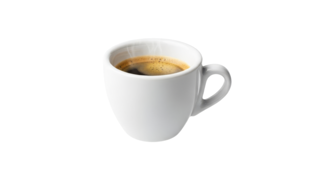 Freshly Brewed Espresso Cup with Rising Steam Against a Clean, Minimalist White Background for Purity and Simplicity