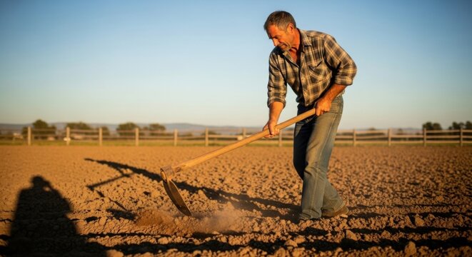 A determined farmer works diligently in a dry, tilled field under the warm glow of the setting sun, preparing the soil.