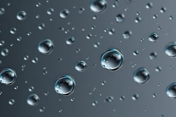 Water Droplets on a Gray Surface with Reflections and Highlight Creating Abstract Pattern and Texture Against Gradient Background Close Up Still Life