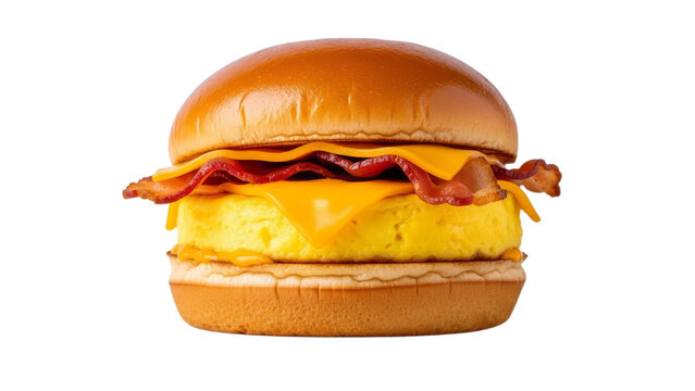 Delectable breakfast burger with egg, crisp bacon, and melted cheese delight showcasing a mouthwatering sandwich that's perfect for morning indulgence