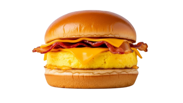 Delectable breakfast burger with egg, crisp bacon, and melted cheese delight showcasing a mouthwatering sandwich that's perfect for morning indulgence - Powered by Adobe
