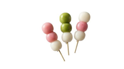 Colorful Dango Skewers: A Trio of Traditional Japanese Sweet Dumplings Delightfully Stacked  Exhibiting Green Pink and White Hues Against a Clean