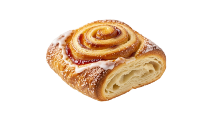 Delicious glazed pastry roll showcasing layers, swirls, and flaky crust on a white surface creating a perfect culinary delight