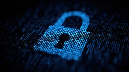 Blue Illuminated Padlock Symbol Formed by Binary Code Against Dark Background Representing Digital Security