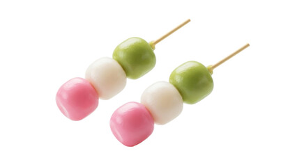 Colorful dango skewers on a clean background, showcasing the beauty of this sweet and chewy japanese delicacy on a neutral surface