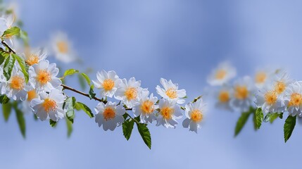 Obraz premium Branch Of White Flowers Against Light Blue Sky