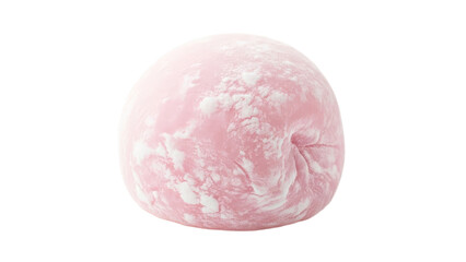Delicate pink mochi orb dusted with powdered delight against a pristine backdrop of minimal design enhancing the ethereal quality of the traditional