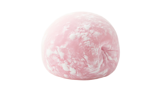 Delicate pink mochi orb dusted with powdered delight against a pristine backdrop of minimal design enhancing the ethereal quality of the traditional