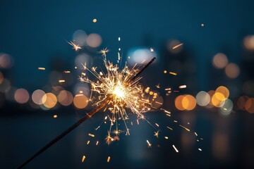 Sparkling Gold Firework Against Dark City Skyline at Night with Bokeh Lighting for Festive Celebration and Holiday Cheer