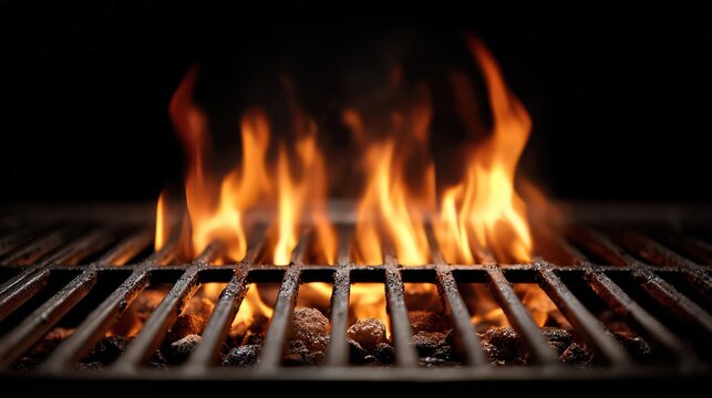Vibrant Flames Engulfing Charcoal on a Dark Grill with a Starry Night Sky Background Creates an Atmosphere of Intense Heat and Culinary Anticipation