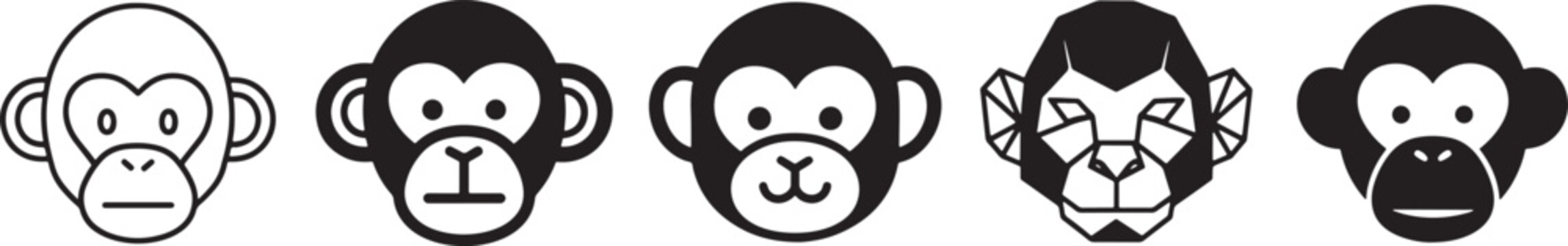 Collection of five stylized monkey face icons in black and white, featuring various design styles from outline to geometric Vector