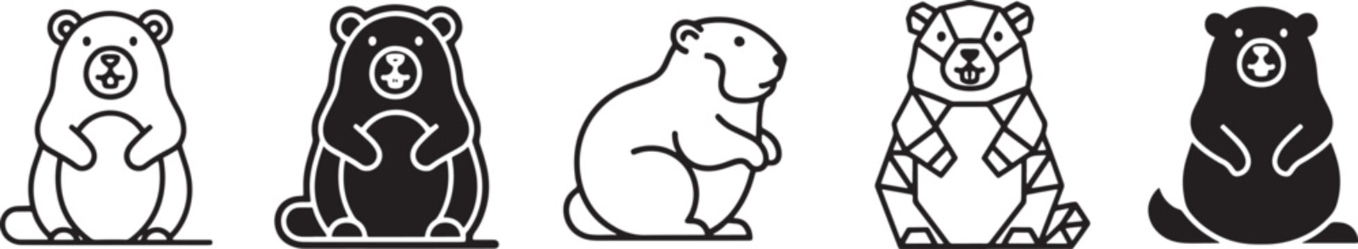 Diverse vector set of groundhog, marmot, and bear icons in multiple styles including outline and solid fill Vector