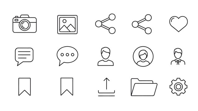 Set of essential user interface line art icons for web and mobile applications, featuring symbols for social media engagement and navigation - Powered by Adobe