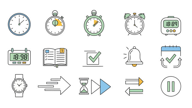 Collection of time-related icons including clocks, timers, calendars, hourglass, and scheduling symbols
