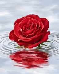Beautiful Red Rose on Water Surface with Ripples and Reflection