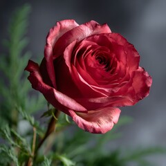 Deep Red Rose Bloom with Green Leaves on Soft Gray Background