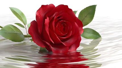 Red Rose with Green Leaves on Calm Water Surface