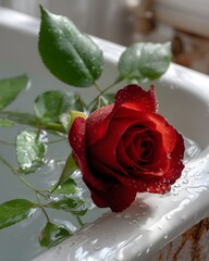 Fresh Red Rose with Water Drops Floating in a Bathtub Setting